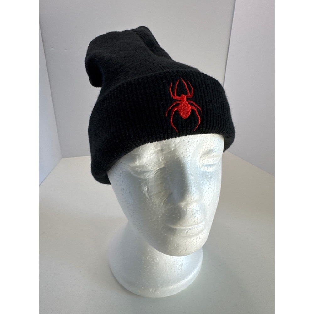 Kids Black Knit Beanie Hat Red Embroidered Spider Logo Acrylic Winter Cap